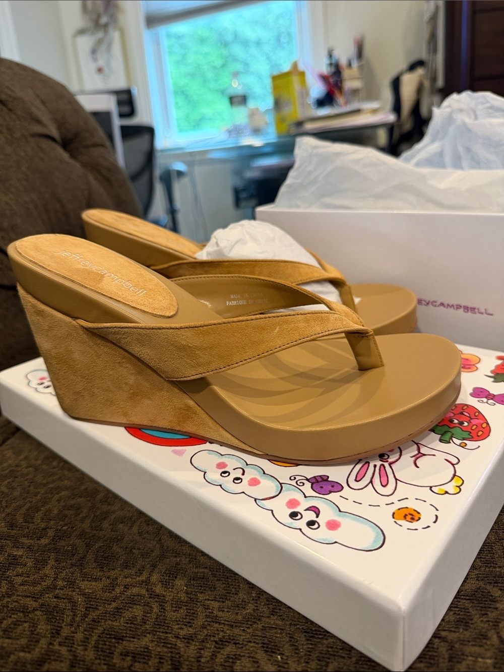 Jeffrey Campbell Tan Suede Platform Wedge Thong Sandals